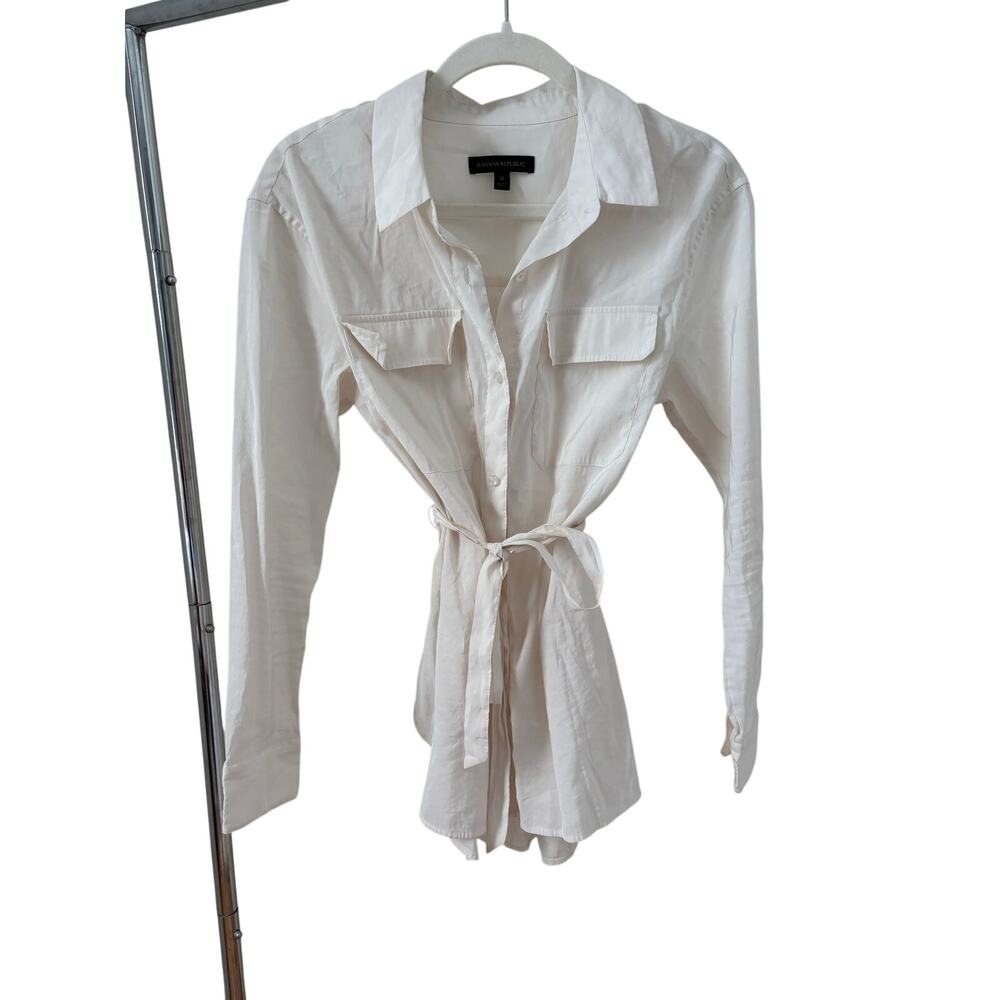 Banana Republic White Button Up Tie Waist Shirt Women Medium Cotton Blouse - Picture 2 of 6